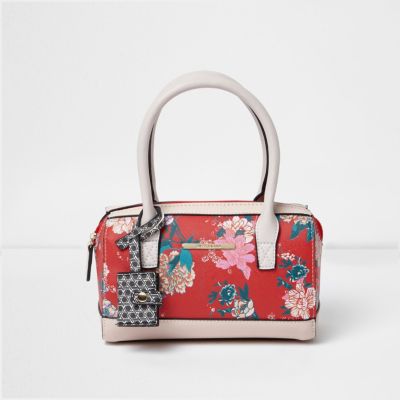 Girls red floral print bowler handbag